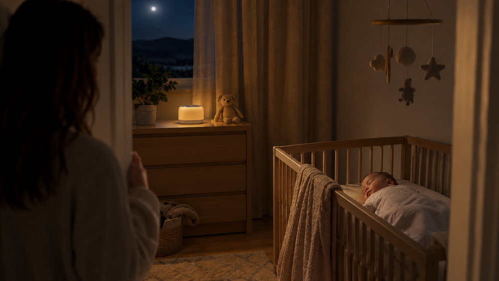 Baby sleeping peacefully in a dim nursery with a white noise sound machine nearby