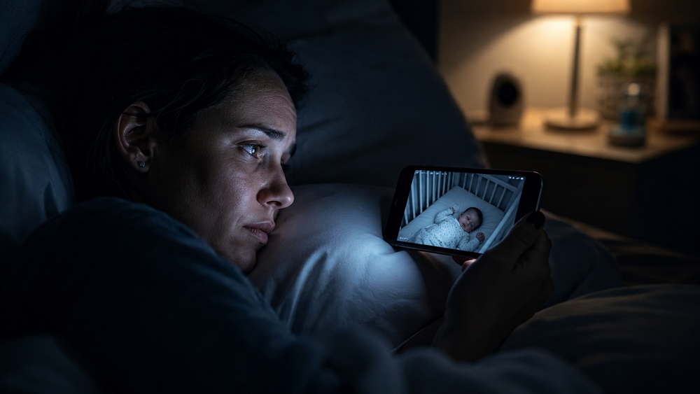 Parent calmly checking a video baby monitor on a phone in a dark bedroom