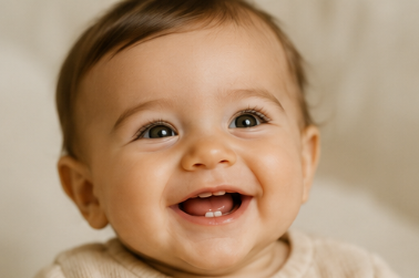 Smiling baby showing their first tooth in soft natural light