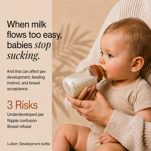 Newborn drinking from Lullam glass baby bottle in soft natural light